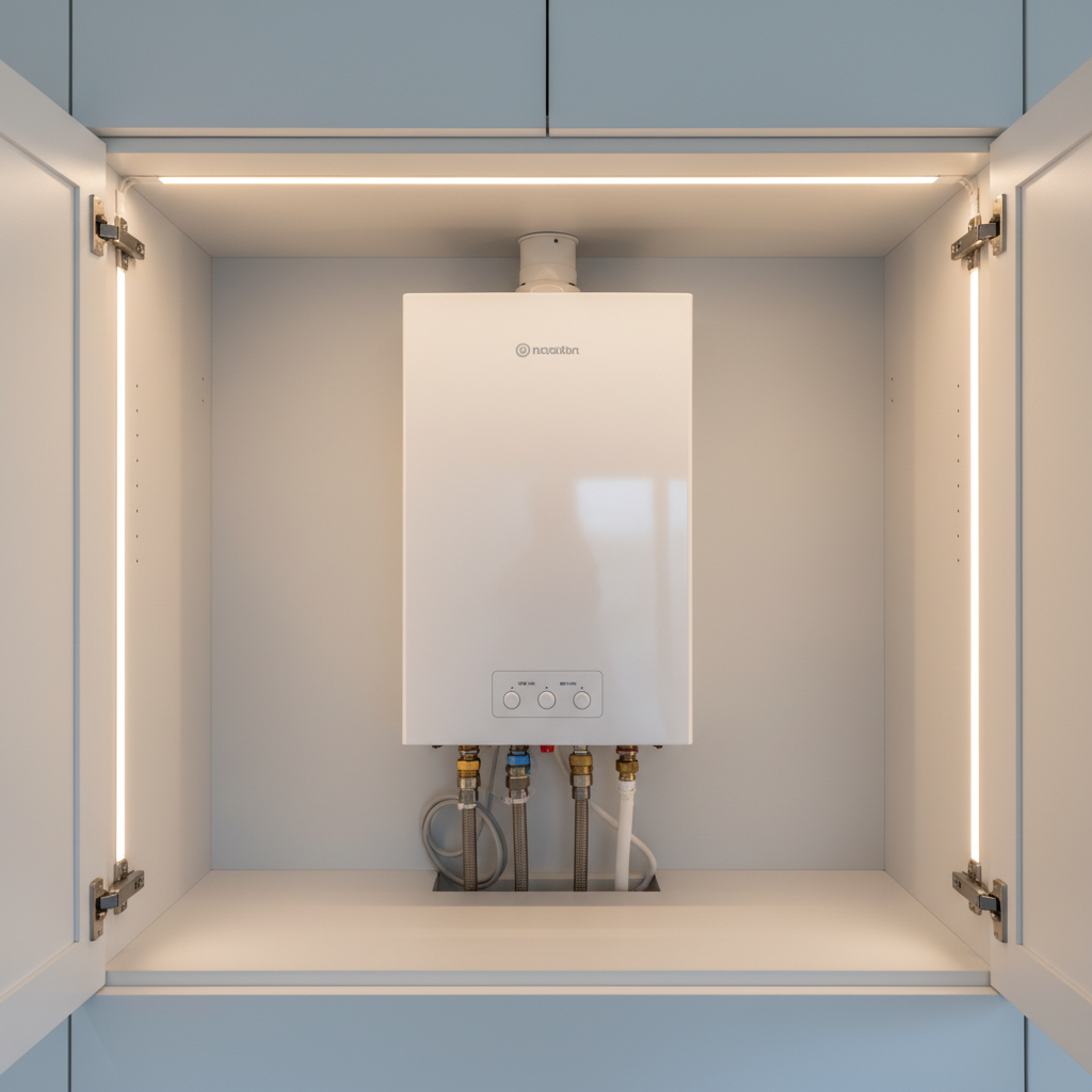 Widok wnętrza otwartej szafki kuchennej, w której zamontowany jest nowoczesny, biały przepływowy podgrzewacz wody. Urządzenie jest czyste i lśniące. Po obu jego stronach oraz od góry widoczna jest wyraźna, pusta przestrzeń, podkreślająca zachowanie wymaganych odstępów serwisowych. Oświetlenie LED wewnątrz szafki delikatnie eksponuje porządek i przemyślaną instalację.