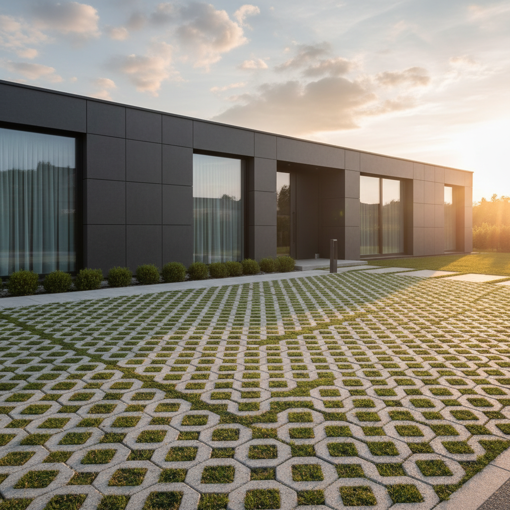 Nowoczesny dom jednorodzinny z minimalistyczną elewacją, przed którym rozciąga się elegancki, geometryczny podjazd wykonany z betonowych płyt ażurowych. Przez otwory w płytach przebija soczyście zielona trawa, tworząc estetyczny, ekologiczny wzór. Całość skąpana jest w ciepłym świetle późnego popołudnia, podkreślając harmonię między architekturą a naturą.