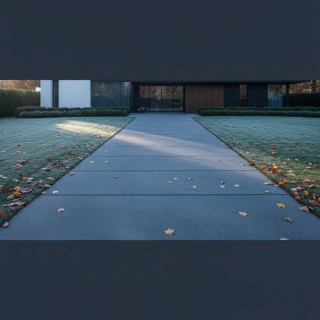 Elegancki, nowoczesny podjazd wykonany z dużych, grafitowych płyt betonowych, prowadzący do nowoczesnego domu. Po bokach podjazdu widać zadbany trawnik pokryty lekkim szronem i kilkoma opadłymi, kolorowymi liśćmi. Scena jest skąpana w chłodnym, porannym świetle jesiennym, co sugeruje nadchodzącą zimę. Zdjęcie ma czysty, estetyczny i inspirujący charakter.