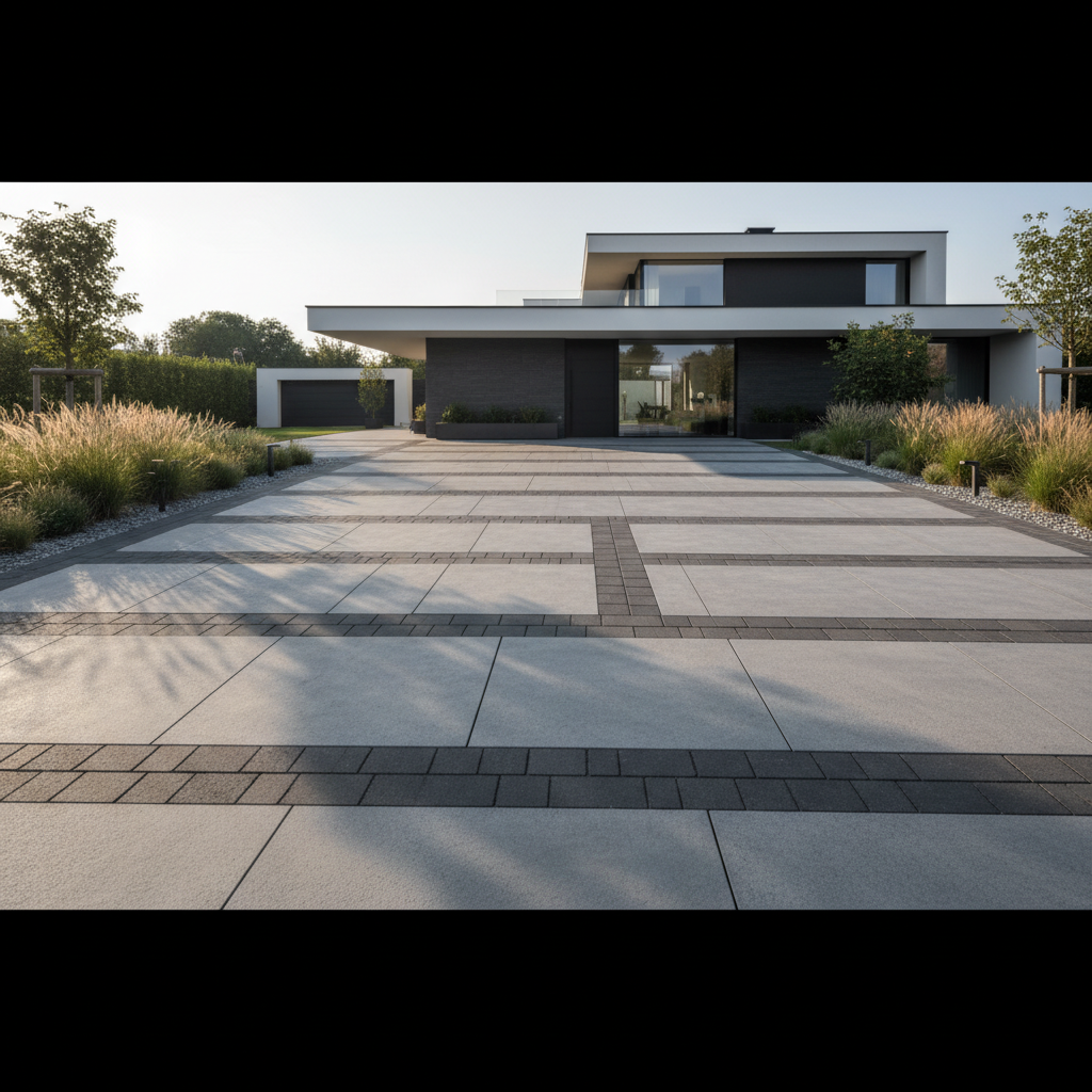 Szerokie, panoramiczne ujęcie nowoczesnego podjazdu do willi, wykonanego z wielkoformatowych płyt i kostki brukowej w odcieniach szarości i grafitu, tworzących elegancki, geometryczny wzór. W tle widać minimalistyczną architekturę domu z dużymi przeszkleniami, a po bokach starannie zaprojektowany ogród z ozdobnymi trawami i oświetleniem. Słońce świeci nisko, rzucając długie cienie i podkreślając fakturę nawierzchni.