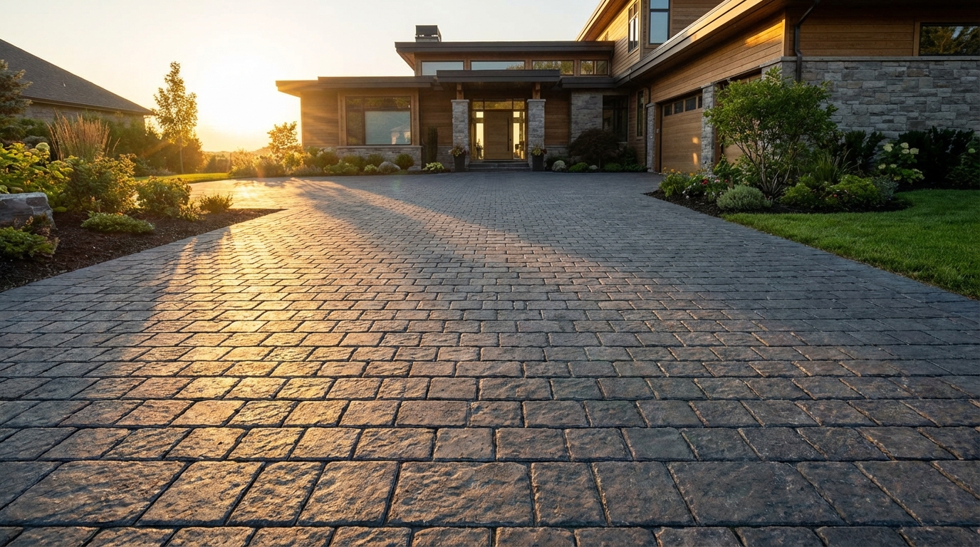 Piękny, nowoczesny podjazd z ciemnoszarej kostki brukowej prowadzący do eleganckiego domu. Słońce świeci pod niskim kątem, podkreślając fakturę i kolor nawierzchni. Kostka jest czysta, zadbana, bez żadnych nalotów, co stanowi inspirujący obraz docelowy dla czytelnika.