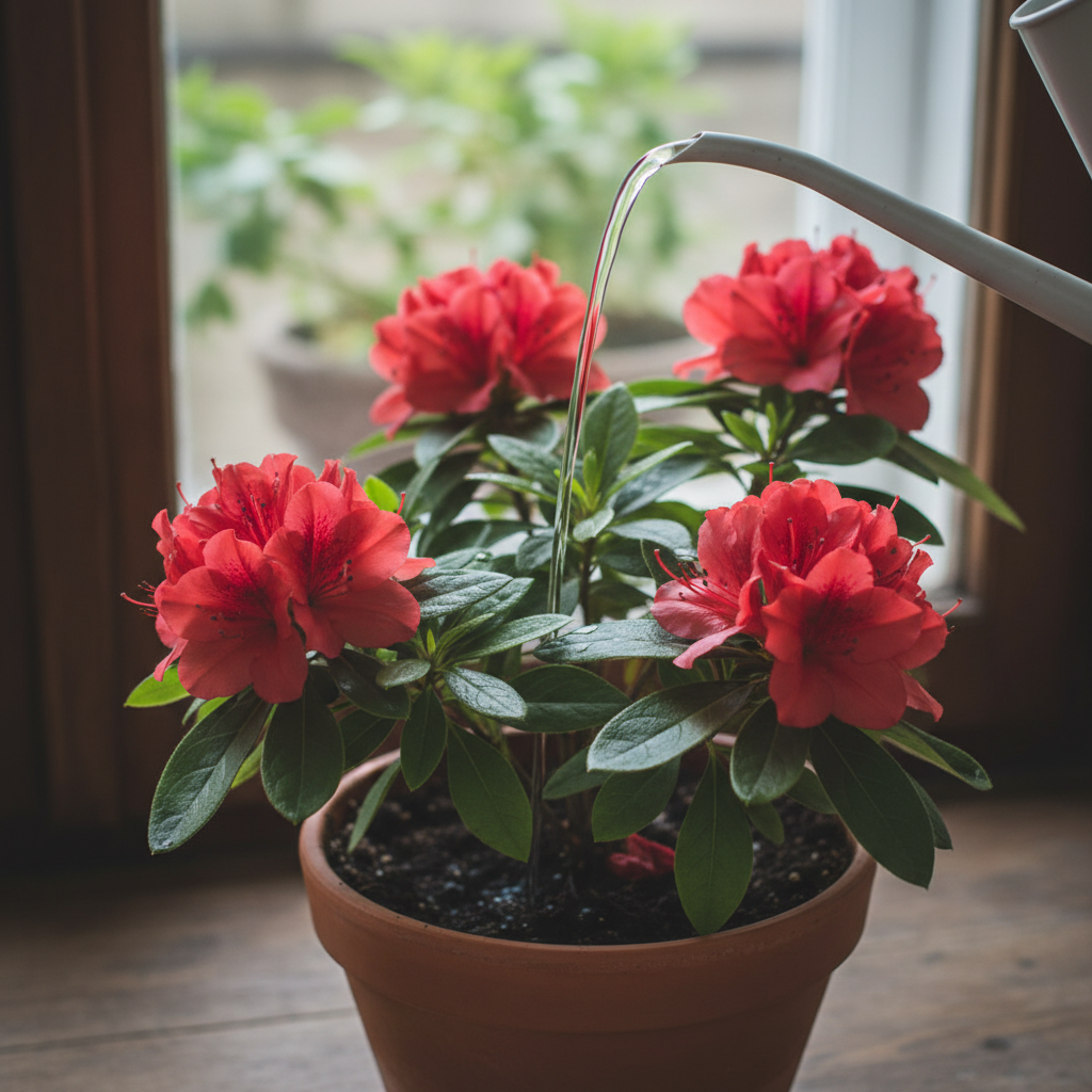 Zbliżenie na doniczkę z azalią. Widać konewkę z długą, cienką szyjką, która kieruje strumień wody bezpośrednio na ziemię pod liśćmi, omijając piękne, czerwone kwiaty. Światło jest miękkie i naturalne.
