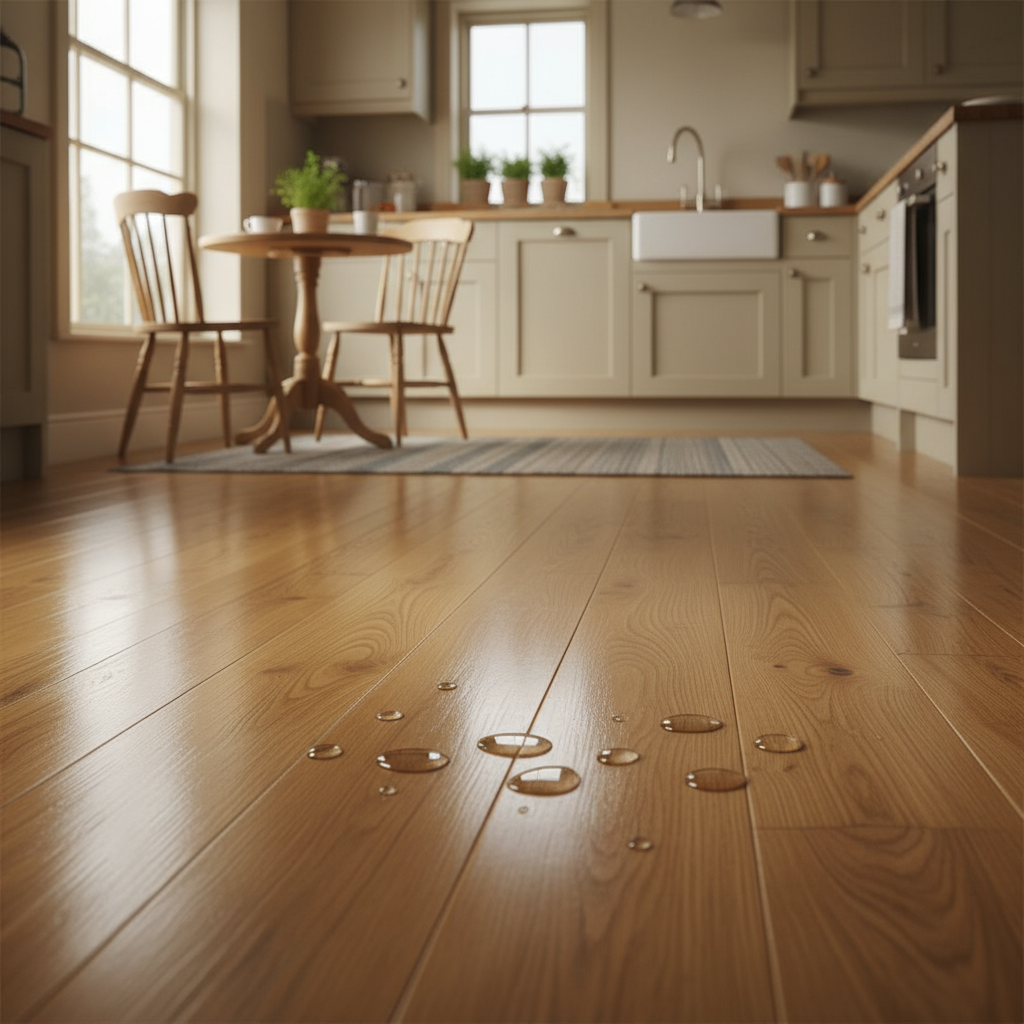 Zdjęcie przedstawiające przytulny aneks kuchenny z piękną, drewnianą podłogą z litego dębu. Światło słoneczne wpadające przez okno podkreśla naturalne usłojenie drewna. Na podłodze widoczne są pojedyncze, celowo pozostawione krople wody, symbolizujące odporność drewna na wilgoć po odpowiedniej impregnacji.