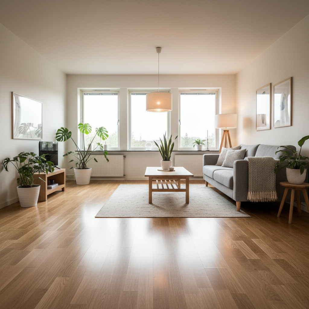 Panoramiczne zdjęcie jasnego, przestronnego salonu w stylu skandynawskim, z dużymi oknami wpuszczającymi naturalne światło. Centralnym punktem jest piękna, jasna drewniana podłoga z desek dębowych. Na podłodze stoi minimalistyczna szara sofa, drewniany stolik kawowy i kilka roślin doniczkowych. Ciepłe, przytulne oświetlenie.