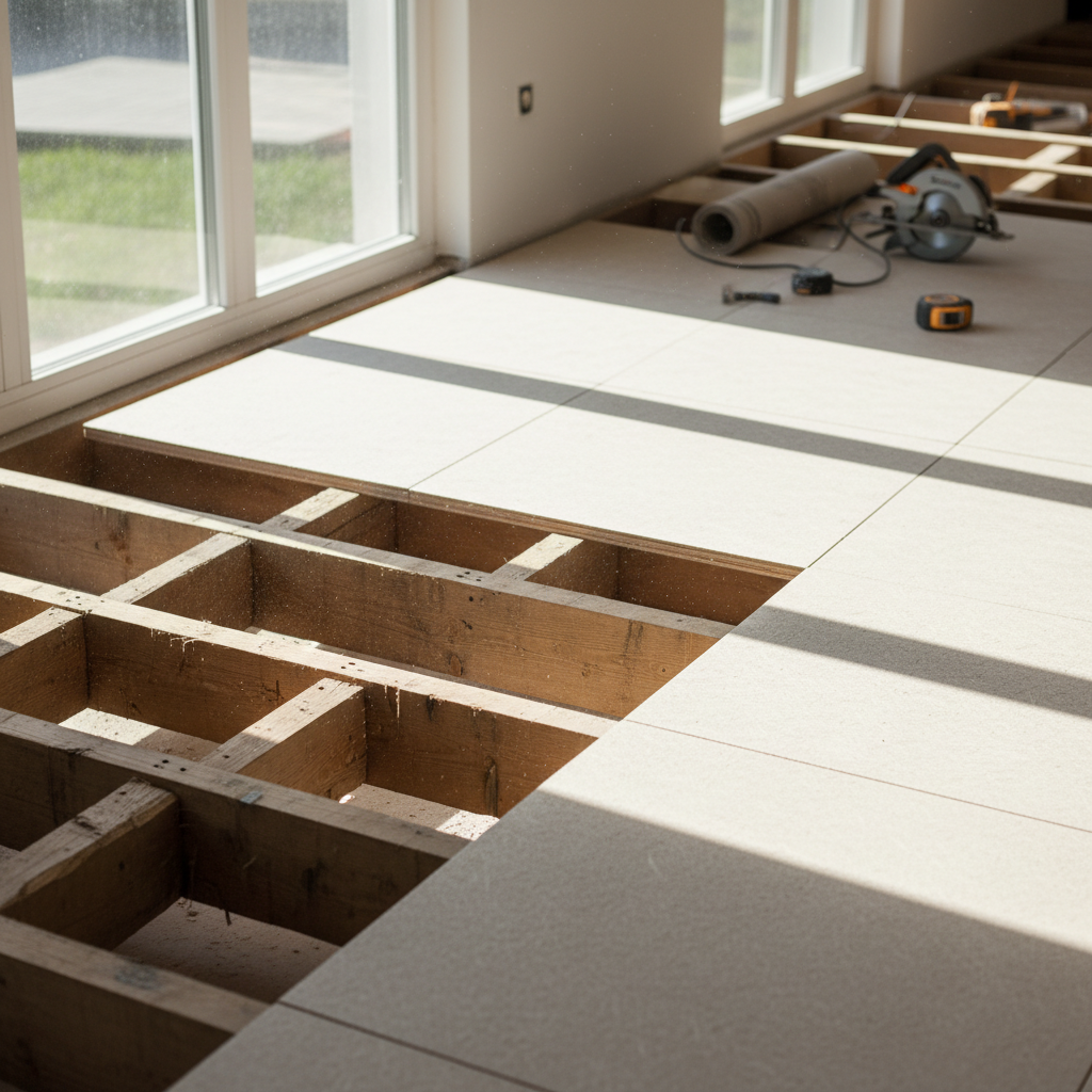 Estetyczne, czyste ujęcie nowej podłogi w trakcie budowy. Widoczne są drewniane legary i częściowo ułożona na nich jasna płyta budowlana. Światło wpada przez pobliskie okno, podkreślając teksturę drewna i płyty.