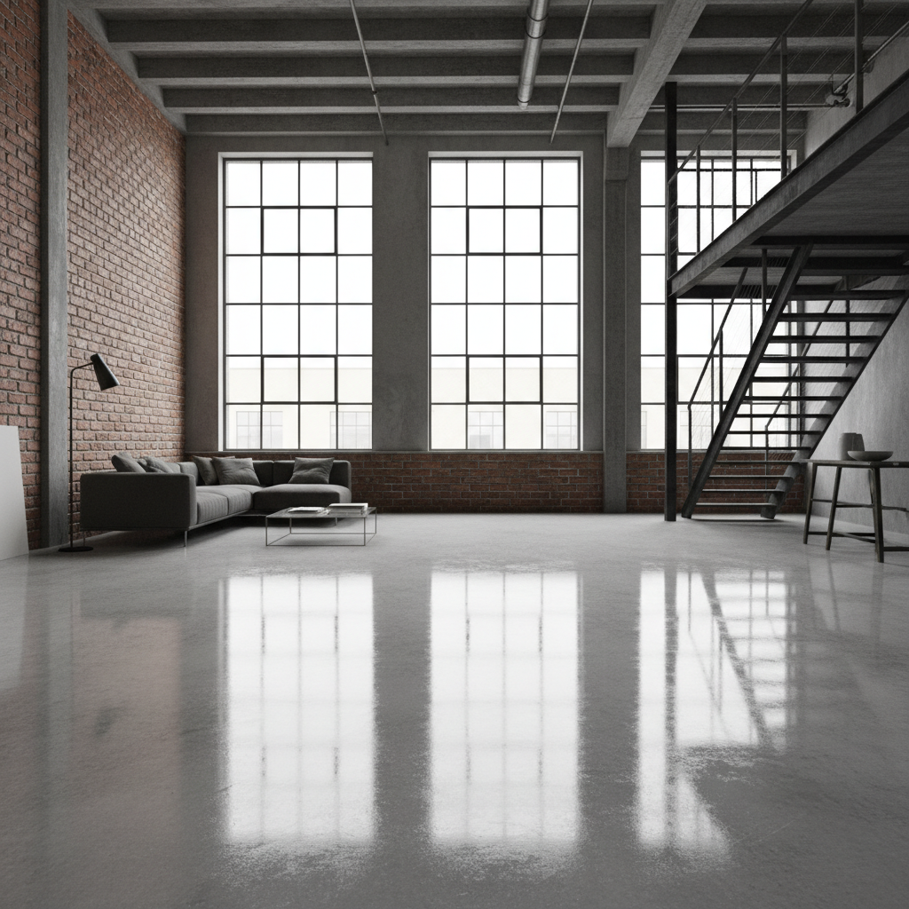 Przestronne, minimalistyczne wnętrze w stylu loftu z dużymi oknami od podłogi do sufitu. Centralnym punktem jest podłoga wykonana z paneli o wysokim połysku, imitujących szary, polerowany beton. Gładka powierzchnia podłogi odbija światło i architektoniczne detale wnętrza, takie jak ceglana ściana i metalowe schody.