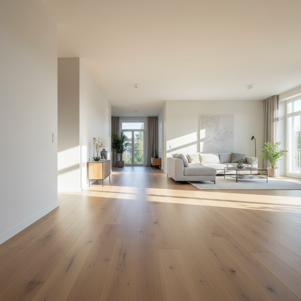 Szeroka perspektywa ukazująca idealnie ułożoną podłogę z jasnych desek dębowych, która płynnie przechodzi z korytarza do przestronnego, zalanego słońcem salonu. Brak progów i jednolity kierunek ułożenia desek podkreślają poczucie otwartej przestrzeni i harmonii.