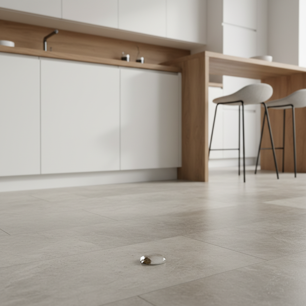 Nowoczesna kuchnia z białymi, bezuchwytowymi szafkami i drewnianym blatem. Na podłodze położone są eleganckie panele winylowe imitujące naturalny kamień. Na jednym z paneli widać rozlaną kroplę wody, która tworzy idealną kulę na powierzchni, demonstrując wodoodporne właściwości podłogi. W tle widać fragment wyspy kuchennej i stylowe hokery.