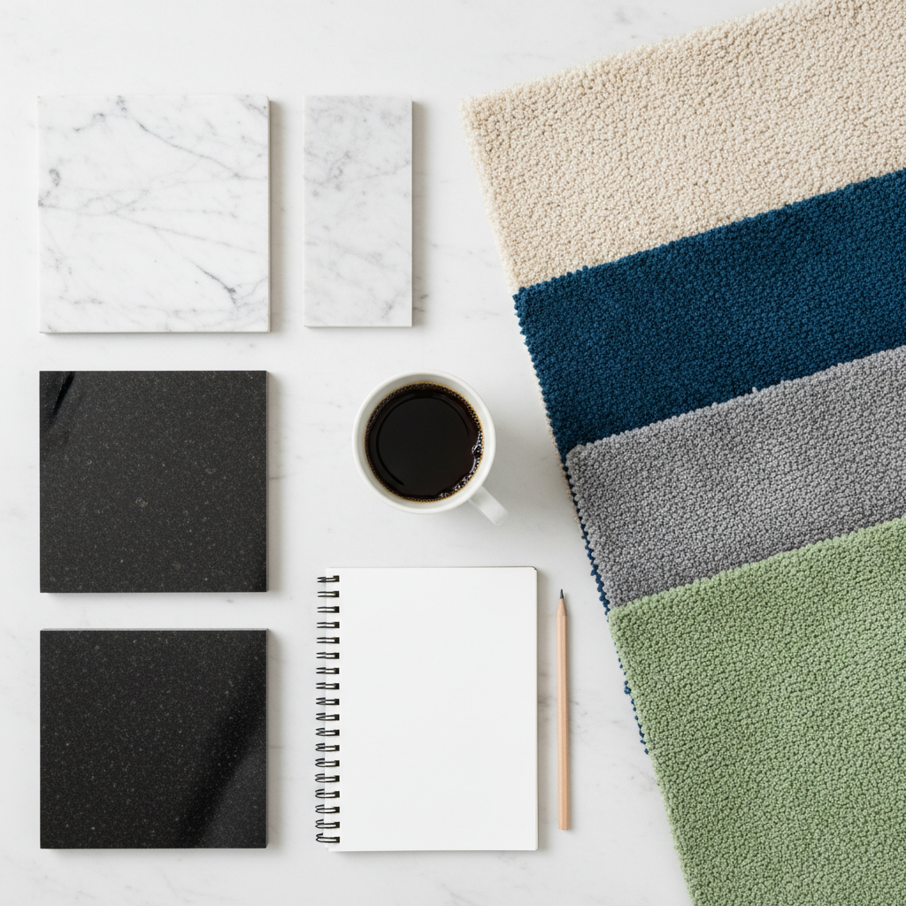 Zdjęcie typu flat lay z góry, przedstawiające różnorodne próbki materiałów podłogowych. Po lewej stronie eleganckie płytki z kamienia (marmur, granit), a po prawej miękkie próbki wykładzin dywanowych w różnych kolorach. Pomiędzy nimi leży filiżanka kawy i notatnik z ołówkiem, sugerując proces planowania i podejmowania decyzji o aranżacji wnętrza.