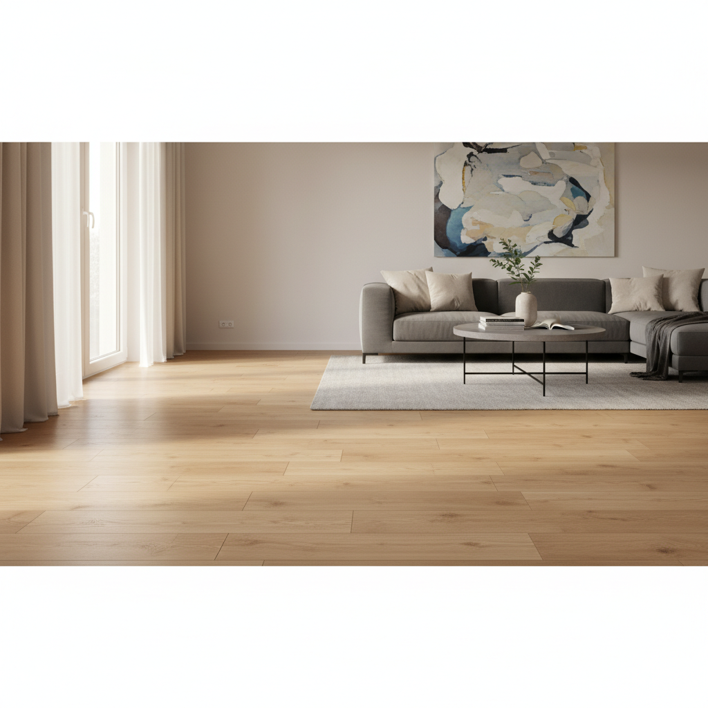 Szeroki kadr przedstawiający elegancki, minimalistyczny salon z idealnie ułożoną podłogą z paneli laminowanych w kolorze naturalnego dębu. Światło słoneczne delikatnie oświetla powierzchnię, podkreślając jej strukturę. Wnętrze jest ciche i spokojne, co wizualnie odzwierciedla komfort akustyczny zapewniony przez dobry podkład. W tle widać nowoczesną kanapę i stolik kawowy, co sugeruje codzienne, komfortowe użytkowanie przestrzeni.