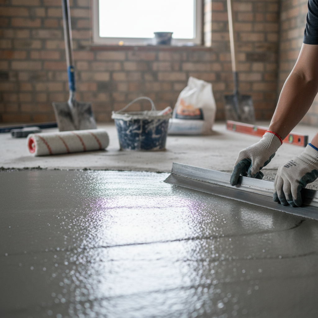 Ręce w rękawicach roboczych starannie wygładzające szarą masę samopoziomującą na betonowej posadzce, w tle widać narzędzia budowlane i wałek.