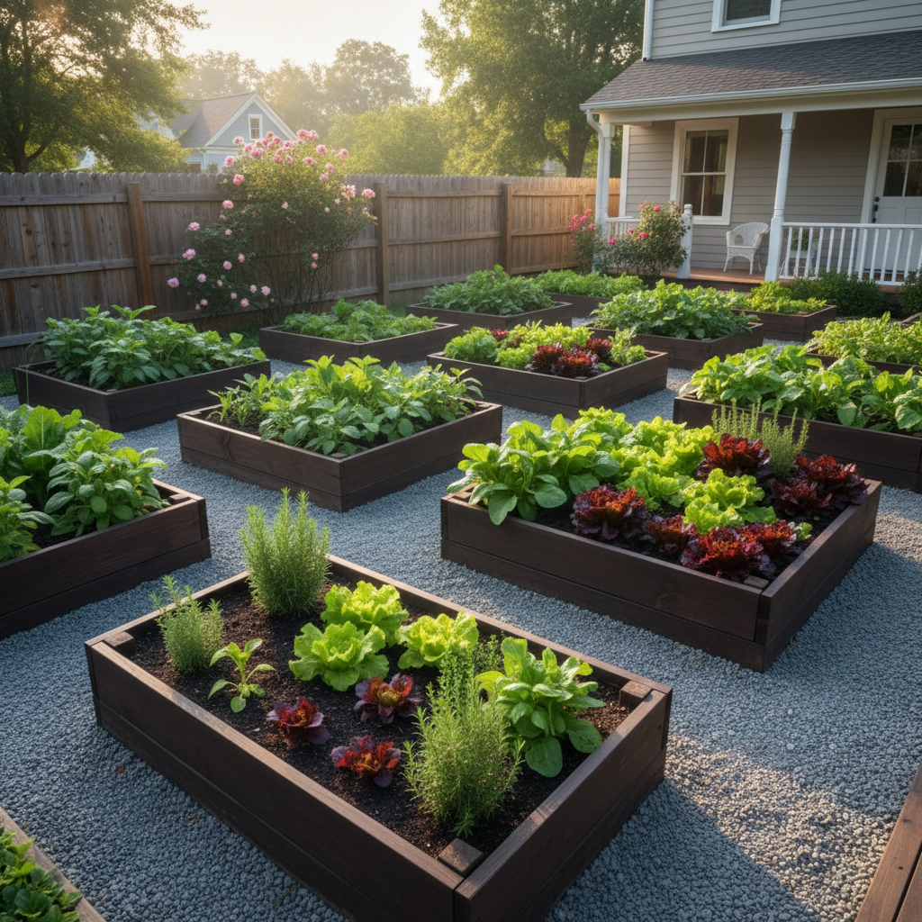 Pięknie zorganizowany mały przydomowy ogród warzywny z kilkoma schludnymi, ciemnymi drewnianymi podwyższonymi grządkami. Grządki są wypełnione zdrowymi, młodymi sadzonkami warzyw, takimi jak sałaty i zioła. Pomiędzy grządkami biegną czyste, żwirowe ścieżki. Poranne słońce rzuca delikatne światło na scenę, tworząc spokojną i uporządkowaną atmosferę.