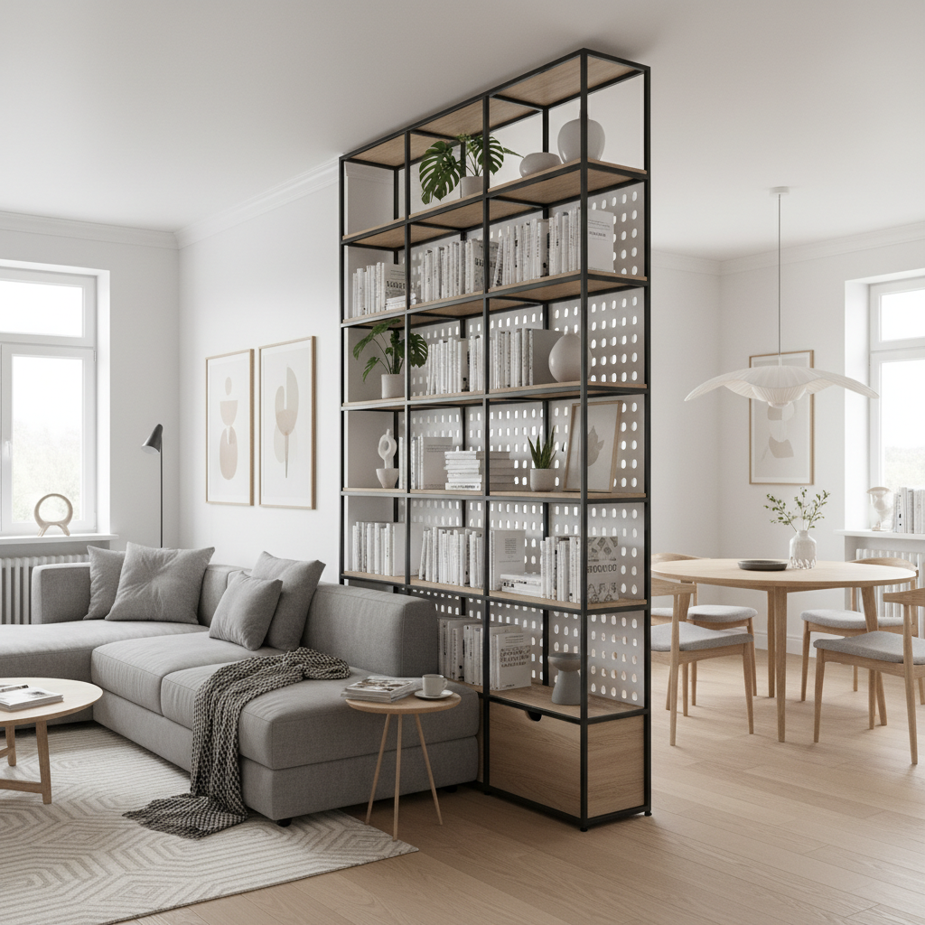 Elegancki, otwarty salon podzielony wysokim, ażurowym regałem z czarnego metalu i drewna. Po jednej stronie znajduje się przytulna strefa wypoczynkowa z szarą sofą. Po drugiej stronie widać jadalnię z okrągłym stołem. Regał jest ozdobiony książkami, roślinami i przedmiotami artystycznymi, pełniąc rolę funkcjonalnej i pięknej przegrody. Wnętrze w stylu nowoczesnym skandynawskim, wypełnione naturalnym światłem.