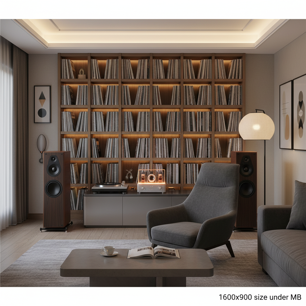 Elegancki salon z nowoczesnym systemem audio, wygodnym fotelem ustawionym w idealnym punkcie odsłuchowym i subtelnymi elementami dekoracyjnymi. Ciepłe, ambientowe oświetlenie, widok na regał z płytami winylowymi w tle.