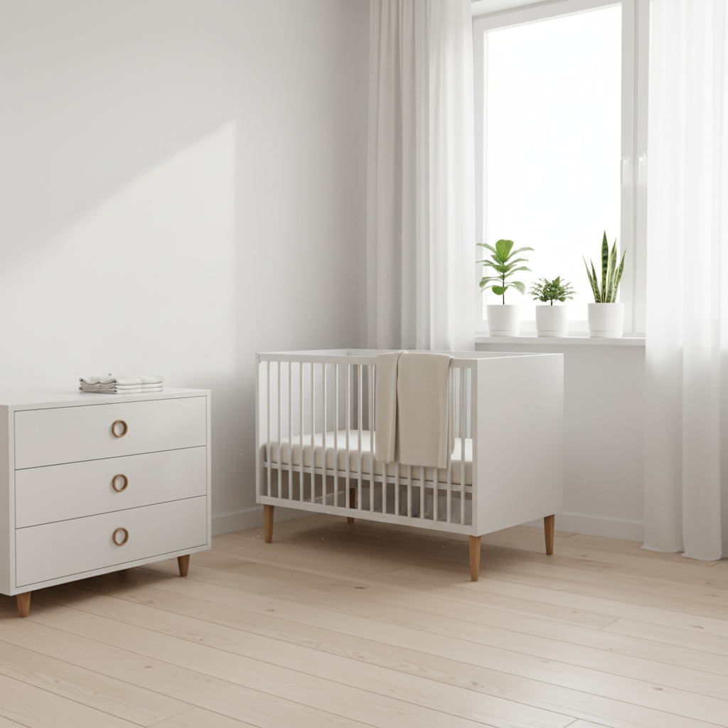 Jasny, minimalistyczny pokój niemowlęcy z dominującą bielą, przełamaną ciepłem naturalnego drewna. Białe ściany, białe łóżeczko i biała komoda. Kontrast stanowią drewniana podłoga, wełniany pled w kolorze ecru i kilka roślin doniczkowych na parapecie, które dodają życia sterylnemu wnętrzu.