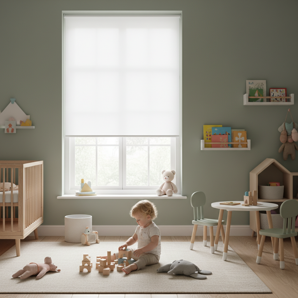 Nowocześnie urządzony, jasny pokój dziecka z dużym oknem. Na oknie zamontowana jest estetyczna, biała roleta bez żadnych zwisających sznurków. Dziecko siedzi bezpiecznie na dywanie i bawi się zabawkami, a pokój jest zalany delikatnym, rozproszonym światłem. Scena emanuje spokojem i poczuciem bezpieczeństwa. Styl fotorealistyczny, stonowana, ciepła kolorystyka.