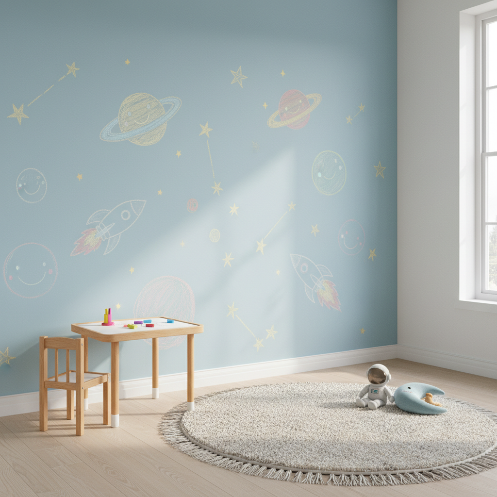 Jasny i kolorowy pokój dziecka. Jedna ściana pomalowana jest na pastelowy błękit farbą tablicową i pokryta dziecięcymi rysunkami planet i gwiazd, wykonanymi kolorową kredą. Na podłodze leży miękki dywan, a obok ściany stoi mały drewniany stoliczek z krzesełkiem.