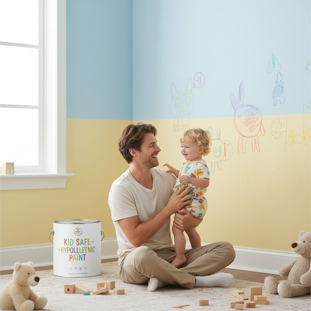 Jasny, radosny pokój dziecka z pastelowymi ścianami, na jednej z nich widoczne są łatwo zmywalne ślady kredek. W rogu pokoju stoi puszka z bezpieczną, hipoalergiczną farbą, a uśmiechnięty rodzic z dzieckiem podziwiają efekt.