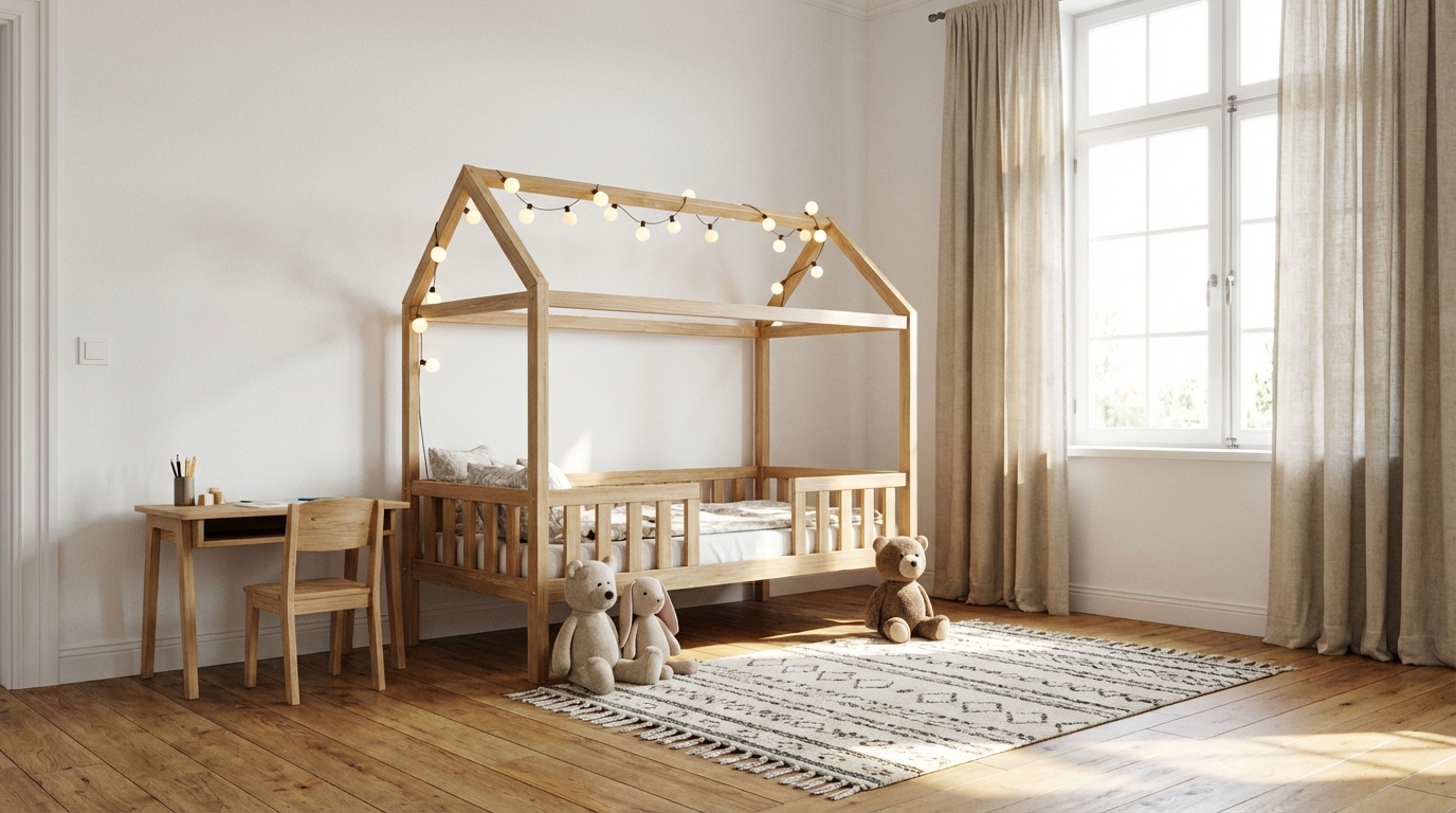 Jasny, przestronny pokój dziecka urządzony w stylu skandynawskim, z drewnianą podłogą i białymi ścianami. W centralnym punkcie znajduje się łóżko w kształcie domku z girlandą świetlną. Obok stoi małe biurko z drewnianym krzesełkiem. Na podłodze leży miękki, wzorzysty dywan i kilka pluszowych zabawek. Całość skąpana jest w ciepłym, naturalnym świetle wpadającym przez duże okno z lnianymi zasłonami.