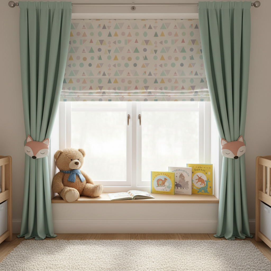 Przytulny kącik w pokoju dziecka przy oknie. Na oknie wisi roleta rzymska w pastelowe, geometryczne wzory. Po bokach wiszą proste, bawełniane zasłony w kolorze miętowym, podpięte opaską w kształcie śpiącego liska. Na szerokim parapecie siedzi duży pluszowy miś, a obok leży kilka książeczek. Wnętrze jest jasne, bezpieczne i inspirujące do zabawy.