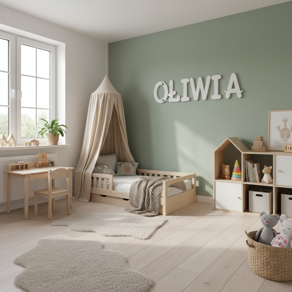 Jasny i przestronny pokój dziecięcy, w którym centralnym punktem dekoracyjnym jest ściana za łóżkiem. Na ścianie w kolorze szałwiowej zieleni wisi piękny, stylowy napis z imieniem 'OLIWIA' wykonany z białych, przestrzennych liter. Wnętrze jest harmonijne, pełne naturalnego światła, z drewnianymi meblami i przytulnymi dodatkami. Zdjęcie ma ciepły, rodzinny i inspirujący charakter.