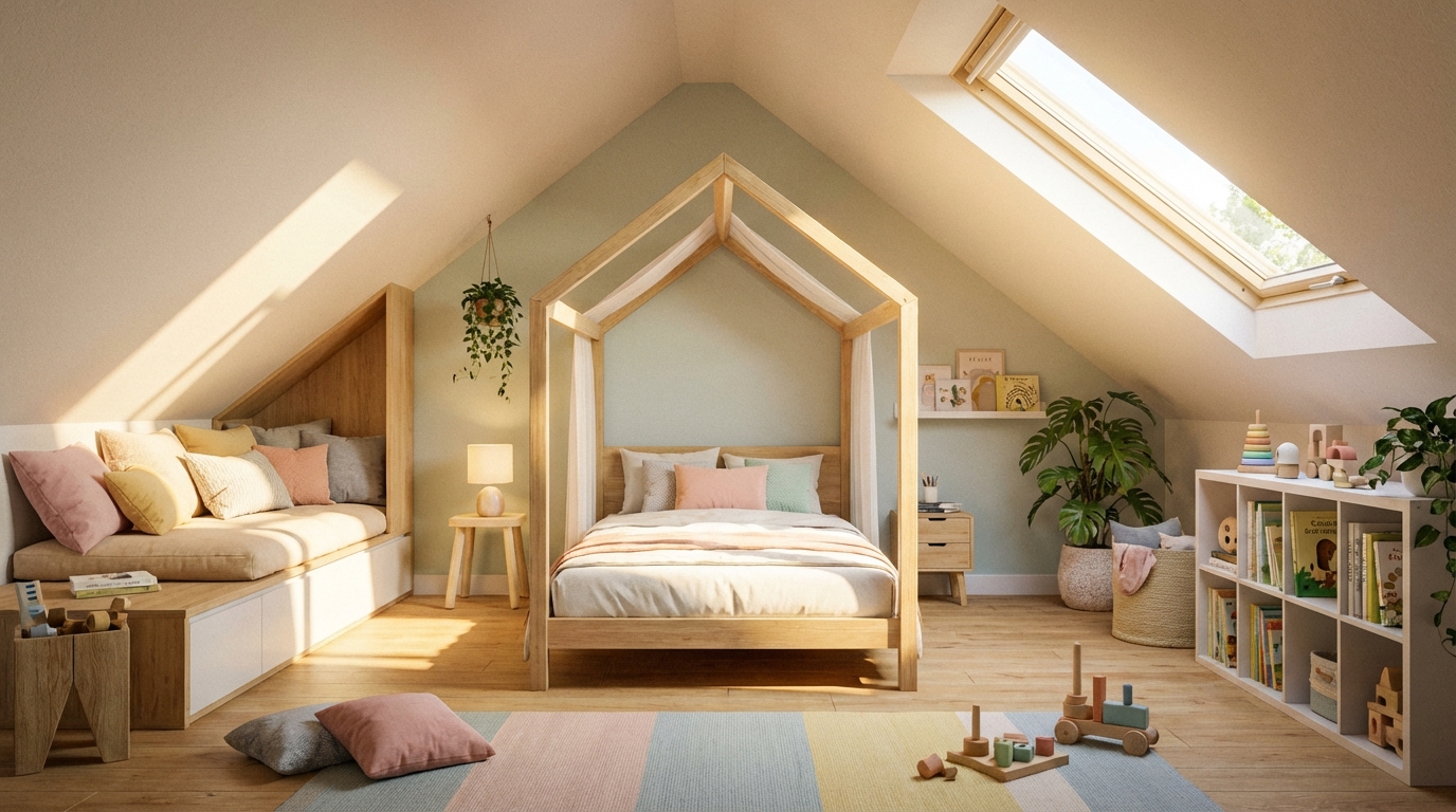 Jasny, przestronny pokój dziecięcy na poddaszu z dużym oknem dachowym, przez które wpada ciepłe, słoneczne światło. W centralnym punkcie znajduje się drewniane łóżko w kształcie domku, a pod skosem przytulny kącik do czytania z miękkimi poduszkami. Dominują pastelowe kolory i naturalne materiały. Wnętrze jest radosne, czyste i inspirujące.