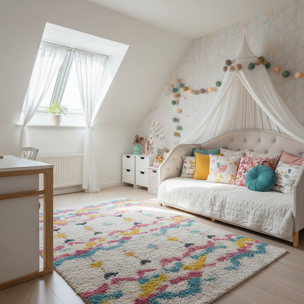 Jasny i przestronny pokój dziewczęcy na poddaszu w stylu eklektycznym. Wnętrze skąpane w naturalnym świetle wpadającym przez okno dachowe. Widoczne białe i drewniane meble, kolorowy dywanik na jasnej podłodze, a na ścianie tapeta w delikatny geometryczny wzór. Na łóżku leżą kolorowe poduszki. W tle widać dekoracje takie jak girlanda cotton balls.