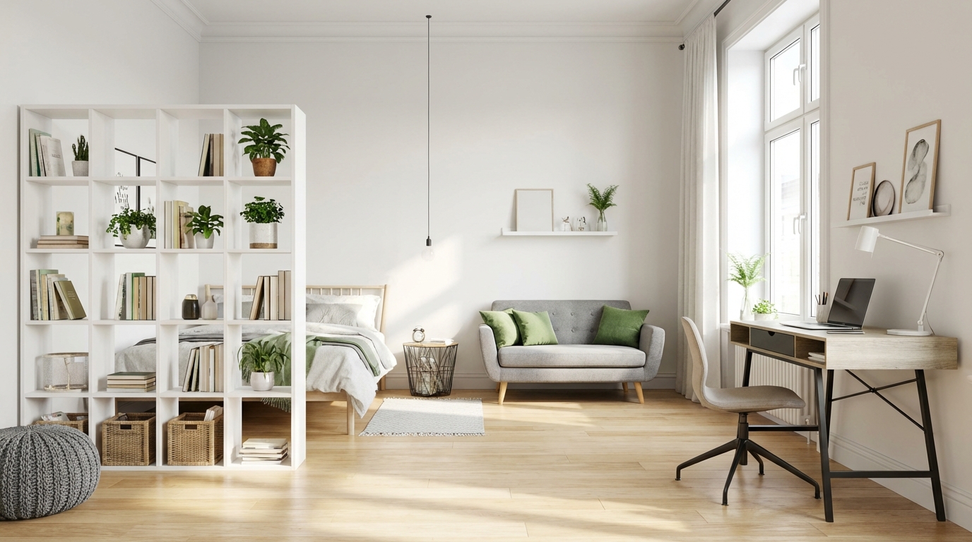 Jasny, przestronny pokój nastolatka w stylu skandynawskim, podzielony na wyraźne strefy. W tle widać łóżko częściowo zasłonięte przez biały, ażurowy regał z książkami i roślinami. W centrum pokoju znajduje się mała, szara sofa z zielonymi poduszkami, a po prawej stronie, pod dużym oknem, stoi nowoczesne biurko z laptopem. Całość skąpana jest w naturalnym, dziennym świetle, tworząc harmonijną i funkcjonalną przestrzeń.