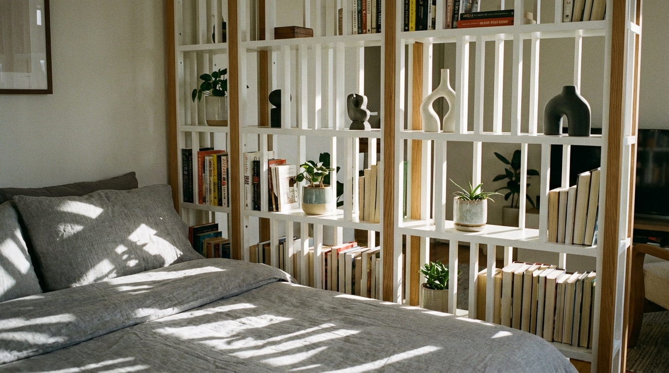 Zbliżenie na wysoki, biały, ażurowy regał, który oddziela wygodne łóżko z szarą pościelą od reszty pokoju. Na półkach regału stoją poukładane książki, małe rośliny doniczkowe w ceramicznych osłonkach oraz kilka nowoczesnych figurek dekoracyjnych. Przez konstrukcję regału przenika miękkie, dzienne światło, tworząc grę cieni na pościeli.