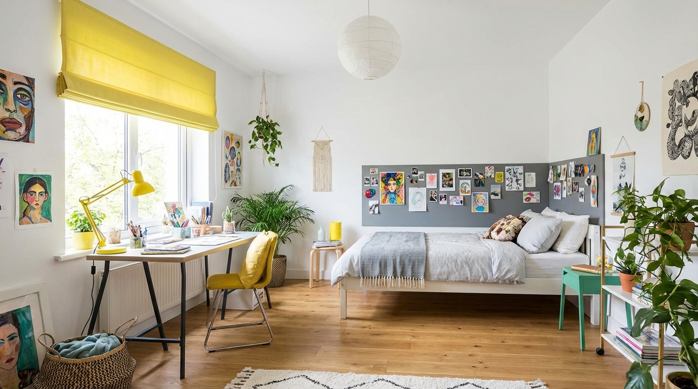 Szeroki kadr ukazujący odmieniony, jasny i nowoczesny pokój nastolatki. W tle widać łóżko z szarym, magnetycznym pasem na ścianie oraz fragment biurka przy oknie z cytrynowym akcentem. Wnętrze jest stylowe, pełne światła i odzwierciedla artystyczną duszę mieszkanki.