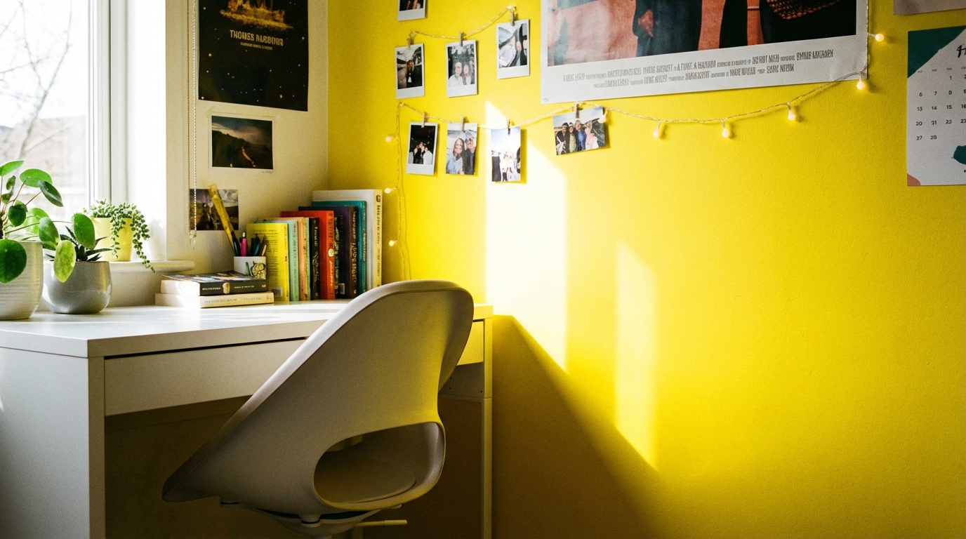 Zbliżenie na fragment ściany przy oknie w pokoju nastolatki. Ściana jest pomalowana na intensywny, słoneczny, cytrynowy kolor. Przez okno wpada naturalne światło, które pięknie podbija energetyczną barwę. Obok widać fragment białego biurka i nowoczesne krzesło.