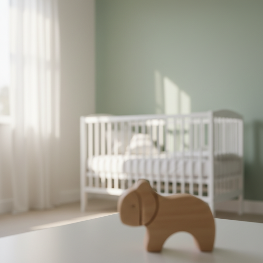 Jasny i przytulny pokój niemowlęcy skąpany w porannym słońcu. W tle widać fragment białego łóżeczka i ścianę w delikatnym, szałwiowym kolorze. Na pierwszym planie, poza ostrością, znajduje się drewniana zabawka, co dodaje wnętrzu ciepła i autentyczności. Całość emanuje spokojem i bezpieczeństwem.