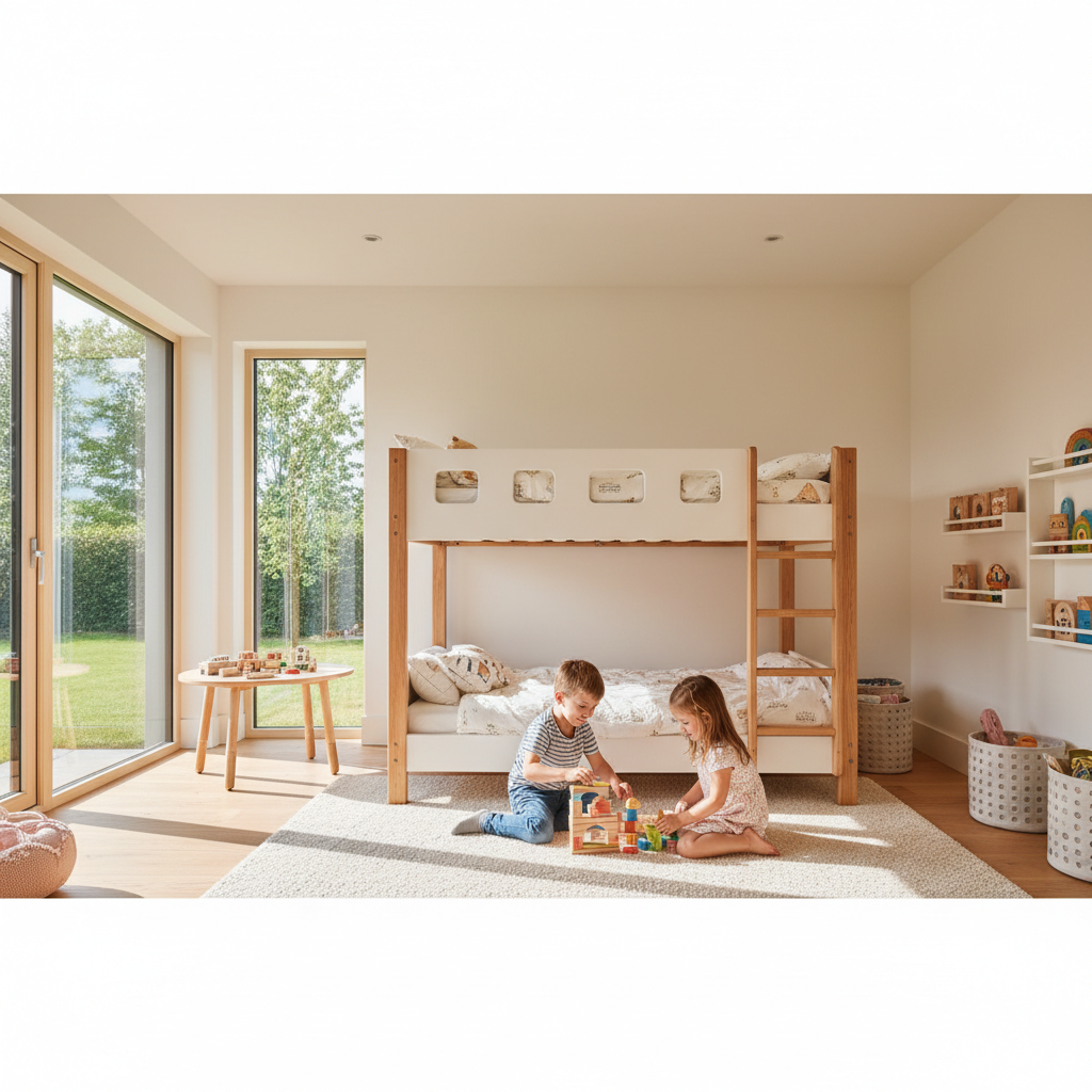 Jasny, dobrze zorganizowany pokój dziecięcy z nowoczesnym, biało-drewnianym łóżkiem piętrowym. Dwoje uśmiechniętych dzieci, chłopiec i dziewczynka, siedzi na dywanie na podłodze, bawiąc się klockami. Przestrzeń wokół nich jest otwarta i zachęca do zabawy. Przez duże okno wpada ciepłe, naturalne światło, tworząc przytulną atmosferę. Stylistyka fotorealistyczna, jasne, ciepłe kolory.