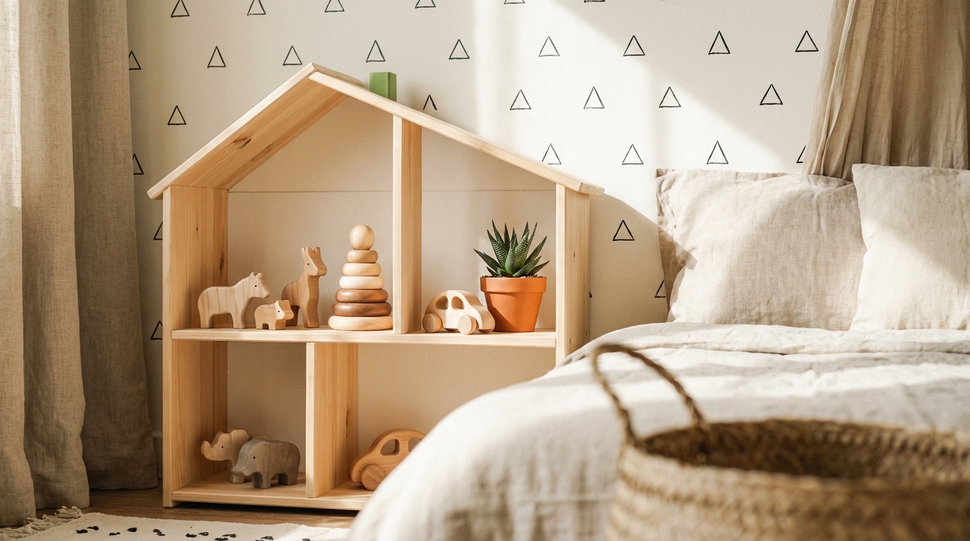 Zbliżenie na fragment pokoju dziecięcego w stylu skandynawskim. Widać drewnianą półkę w kształcie domku, na której stoją minimalistyczne, drewniane zabawki i mała roślinka w doniczce. Tło stanowi ściana w kolorze złamanej bieli z delikatnym, czarnym wzorem w trójkąty. Całość jest jasna, ciepła i przytulna.