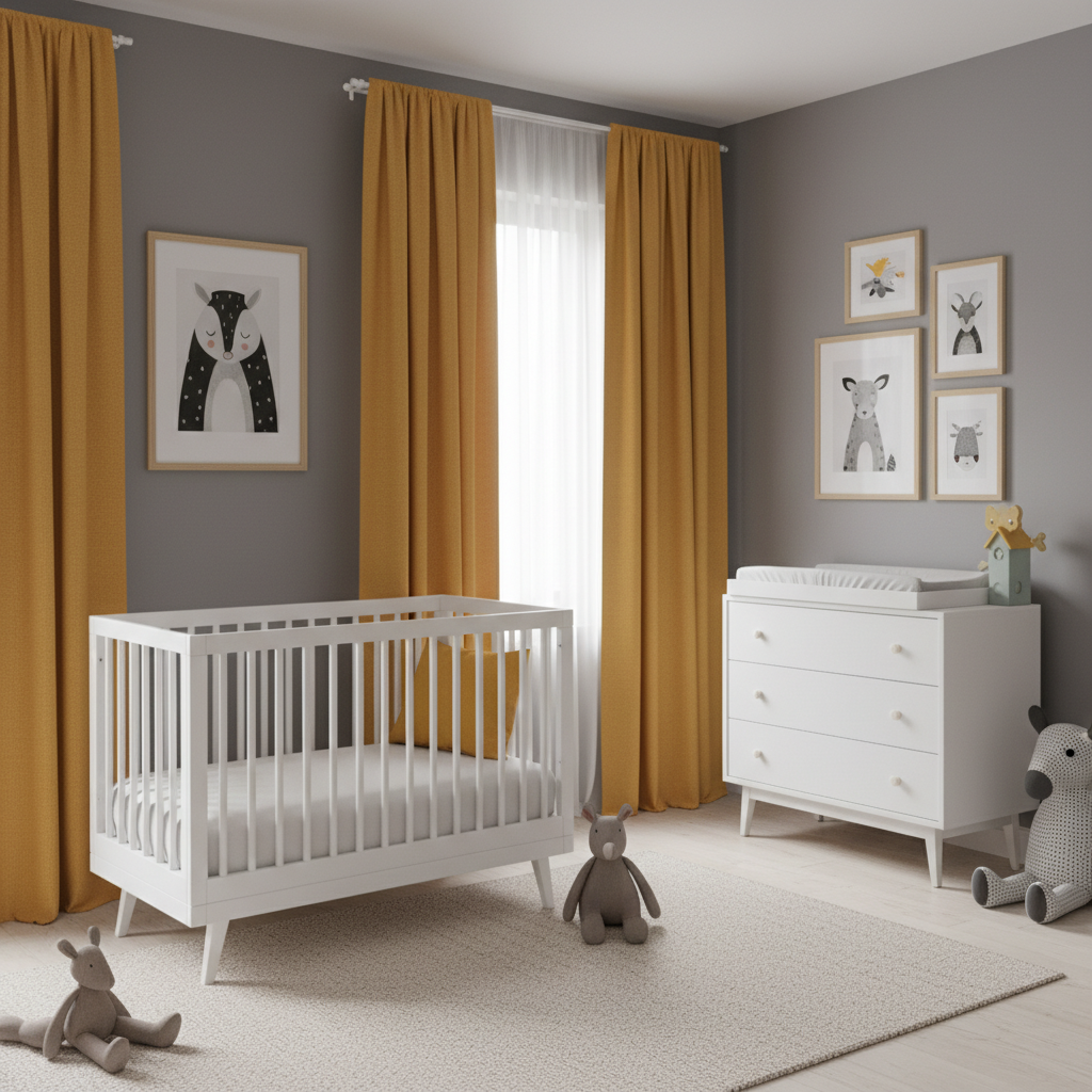 Nowoczesny i stylowy pokój niemowlęcy z szarymi ścianami. Na ich tle wyróżnia się białe, proste w formie łóżeczko oraz komoda. Kolorystycznym akcentem są musztardowo-żółte zasłony, poduszka w tym samym kolorze oraz galeria prostych, czarno-białych grafik ze zwierzętami w drewnianych ramkach.