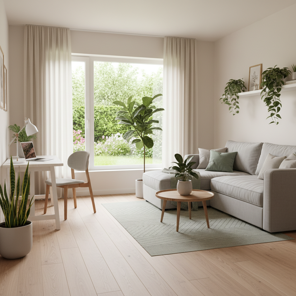 Jasny, nowocześnie urządzony pokój na parterze z dużym oknem wychodzącym na ogród. W jednym rogu stoi eleganckie biurko z laptopem, w drugim wygodna, rozkładana sofa. Aranżacja sugeruje wszechstronność pomieszczenia – może służyć jako biuro, pokój gościnny lub strefa relaksu. Kolorystyka neutralna z akcentami zieleni roślin doniczkowych.