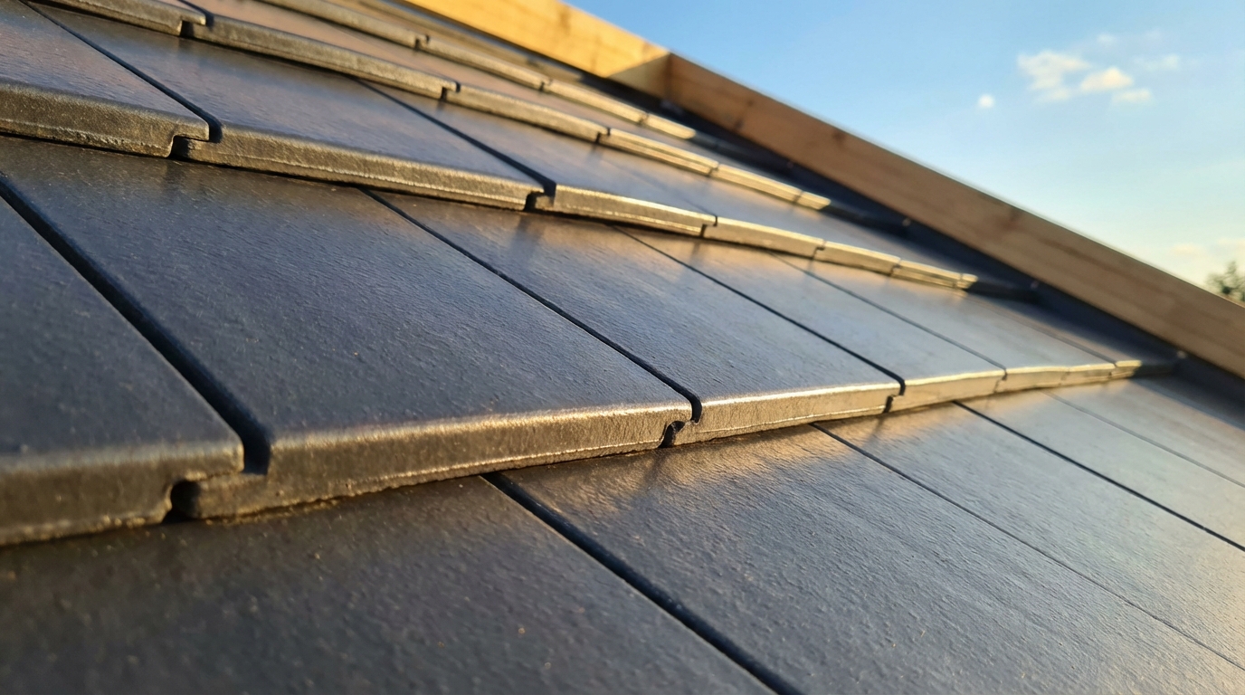 Estetyczne zbliżenie na fragment nowo ułożonego dachu, pokazujące teksturę i kolor nowoczesnych, płaskich dachówek ceramicznych w kolorze antracytu. Słońce delikatnie oświetla powierzchnię, podkreślając jakość materiału.