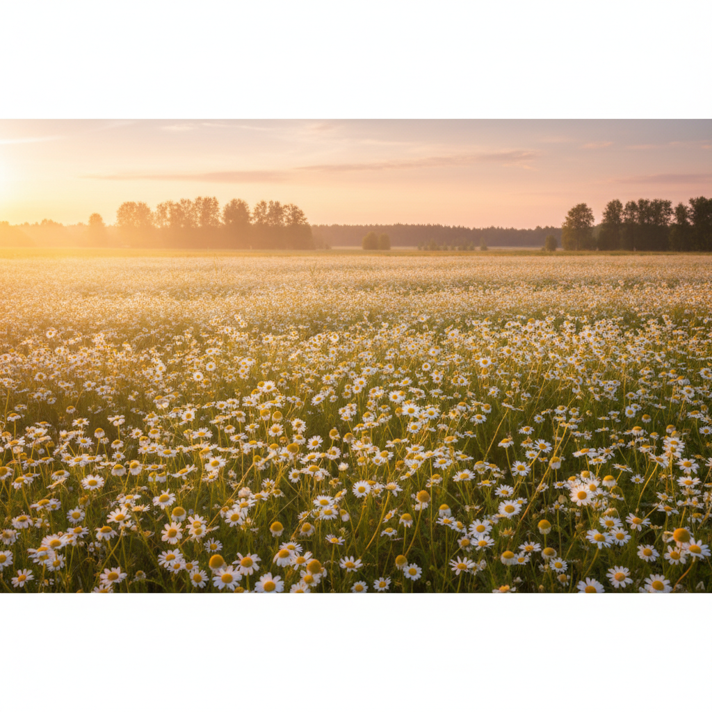Szerokie ujęcie pola kwitnącego rumianku skąpanego w ciepłym, złotym świetle zachodzącego słońca. W tle widać delikatne zarysy drzew. Obraz ma spokojny, idylliczny i naturalny charakter.