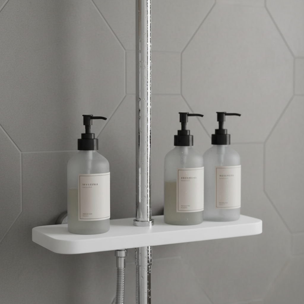 Zbliżenie na środkową część chromowanej kolumny natryskowej Invena Nyks. Widoczna jest elegancka, zintegrowana półka wykonana z białego, matowego materiału, na której stoją minimalistyczne butelki z kosmetykami. W tle rozmyta ściana z nowoczesnych płytek. Zdjęcie podkreśla praktyczny aspekt designu tego modelu.