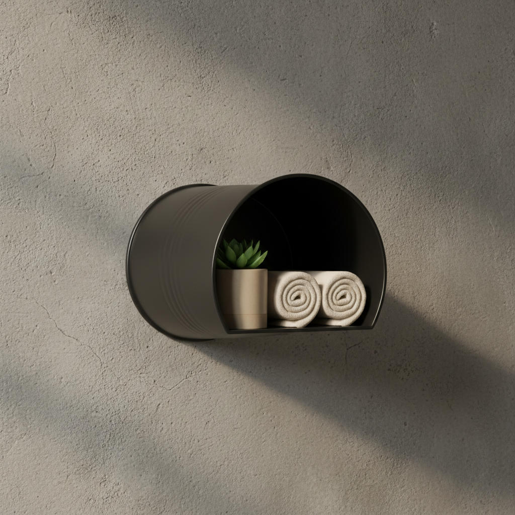 Stylizowane zdjęcie wnętrza przedstawiające matowe, czarne wiadro przecięte na pół i zamontowane na teksturowanej, szarej ścianie jako unikalna półka. Wewnątrz półki z wiadra znajduje się mały zielony sukulent w ceramicznej doniczce oraz kilka zwiniętych ręczników do rąk. Miękkie, naturalne światło pada z boku, tworząc ciepłą i przytulną atmosferę.