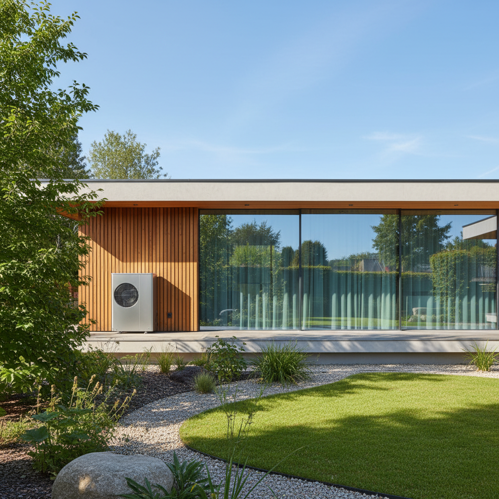 Nowoczesny, minimalistyczny dom jednorodzinny z dużymi przeszkleniami i zadbanym ogrodem. Obok ściany budynku dyskretnie zamontowana jest estetyczna i cicha jednostka zewnętrzna powietrznej pompy ciepła. Słoneczny dzień podkreśla ekologiczny charakter rozwiązania.