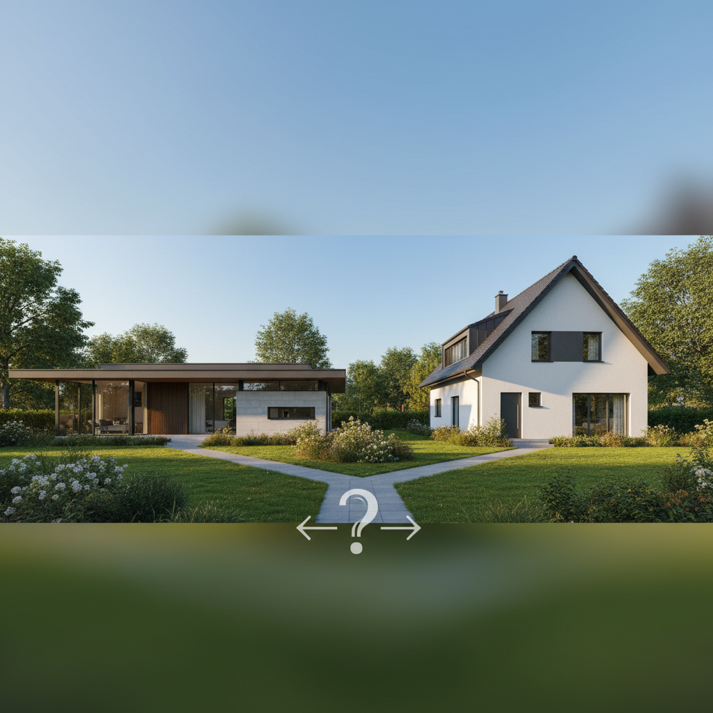 Fotorealistyczna wizualizacja przedstawiająca dwa nowoczesne domy jednorodzinne stojące obok siebie na tle zielonego ogrodu i błękitnego nieba. Po lewej stronie znajduje się elegancki, rozłożysty dom parterowy z dużymi przeszkleniami. Po prawej stronie widać zgrabny dom z poddaszem użytkowym, o zwartej bryle i oknach dachowych. Obraz symbolizuje kluczowy wybór inwestora.
