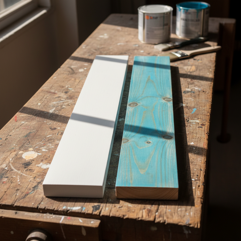 Dwa fragmenty drewnianej ramy okiennej obok siebie; jeden pomalowany na jednolity, kryjący biały kolor, drugi pokryty transparentną farbą lazurową, która pięknie podkreśla naturalną strukturę i słoje drewna.