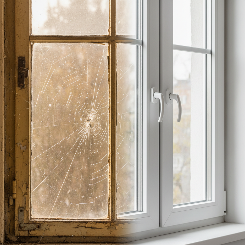 Obraz podzielony na dwie części: po lewej stare, pożółkłe okno z pęknięciami; po prawej stronie nowe, lśniąco białe okno o nowoczesnym profilu, z elegancką klamką. Przejście między nimi jest płynne, ukazując metamorfozę.