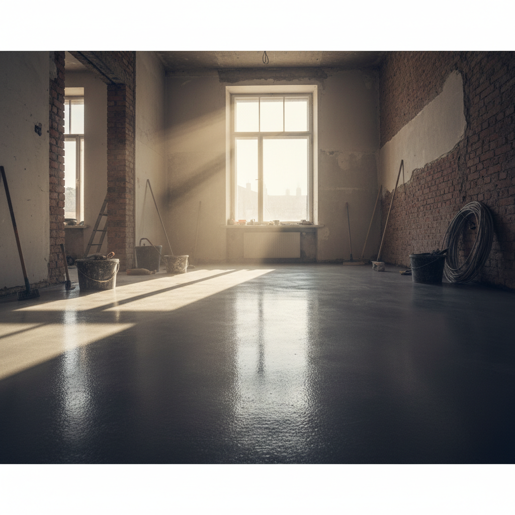 Jasne, przestronne wnętrze starego domu w trakcie renowacji. Promienie słońca wpadają przez duże okno, oświetlając nowo wylaną, idealnie gładką, szarą posadzkę, na której widać odbicie światła. W tle widoczne są ściany z odsłoniętej cegły i narzędzia budowlane, co sugeruje trwający remont i satysfakcjonujący efekt końcowy.