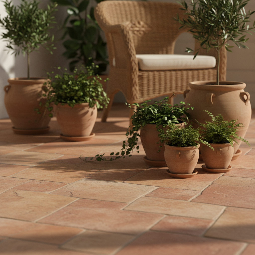 Zbliżenie na rustykalną podłogę z terakoty w ciepłym, pomarańczowym odcieniu, ułożoną w ciekawy wzór. Na posadzce stoją gliniane donice z zielonymi roślinami, a w tle widać fragment wiklinowego fotela, co tworzy przytulną, śródziemnomorską atmosferę.