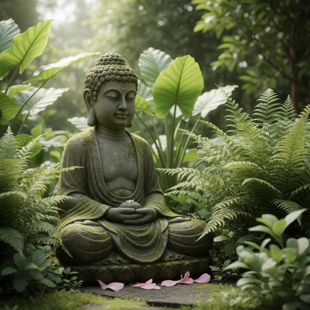 Spokojny, omszały kamienny posążek medytującego Buddy, umieszczony wśród bujnych, zielonych paproci i roślin o dużych liściach w cichym zakątku ogrodu w stylu kolonialnym. Miękkie, rozproszone światło słoneczne przenika przez liście, podkreślając spokojny wyraz twarzy posągu. Kilka opadłych, różowych płatków kwiatów u jego podstawy dodaje odrobinę koloru.