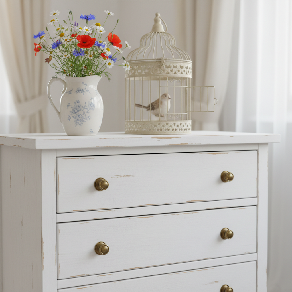 Zbliżenie na białą, drewnianą komodę w stylu shabby chic. Widoczne delikatne przetarcia farby, odsłaniające naturalne drewno. Na komodzie stoi porcelanowy dzbanek z polnymi kwiatami i ozdobna, metalowa klatka dla ptaków. Światło jest miękkie i rozproszone.