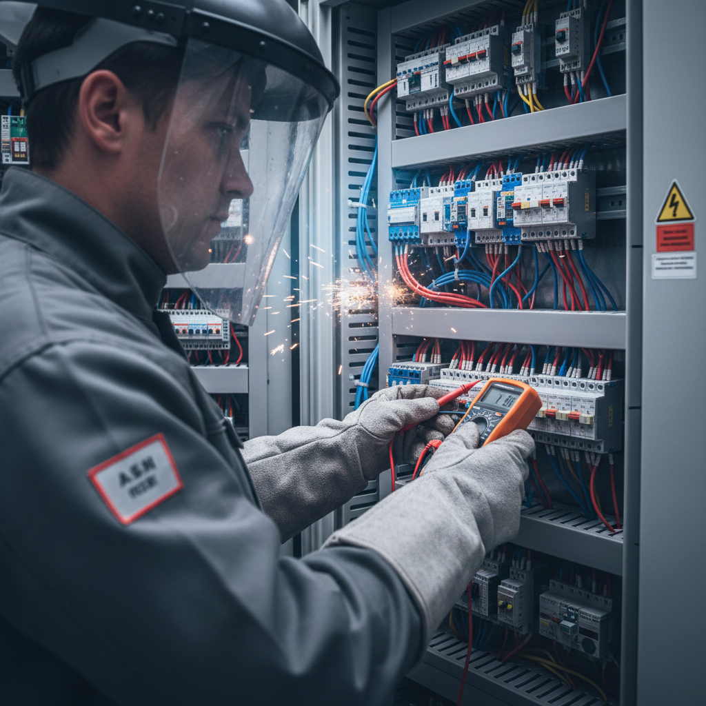 Ujęcie z perspektywy ramienia elektryka, ubranego w pełny strój ochronny: szara odzież ognioodporna, grube rękawice izolacyjne i przezroczysta osłona na twarz. Elektryk ostrożnie wykonuje pomiar w skomplikowanej szafie sterowniczej pełnej przewodów i komponentów. Ujęcie jest dynamiczne i podkreśla wysokie napięcie sytuacji oraz profesjonalizm.