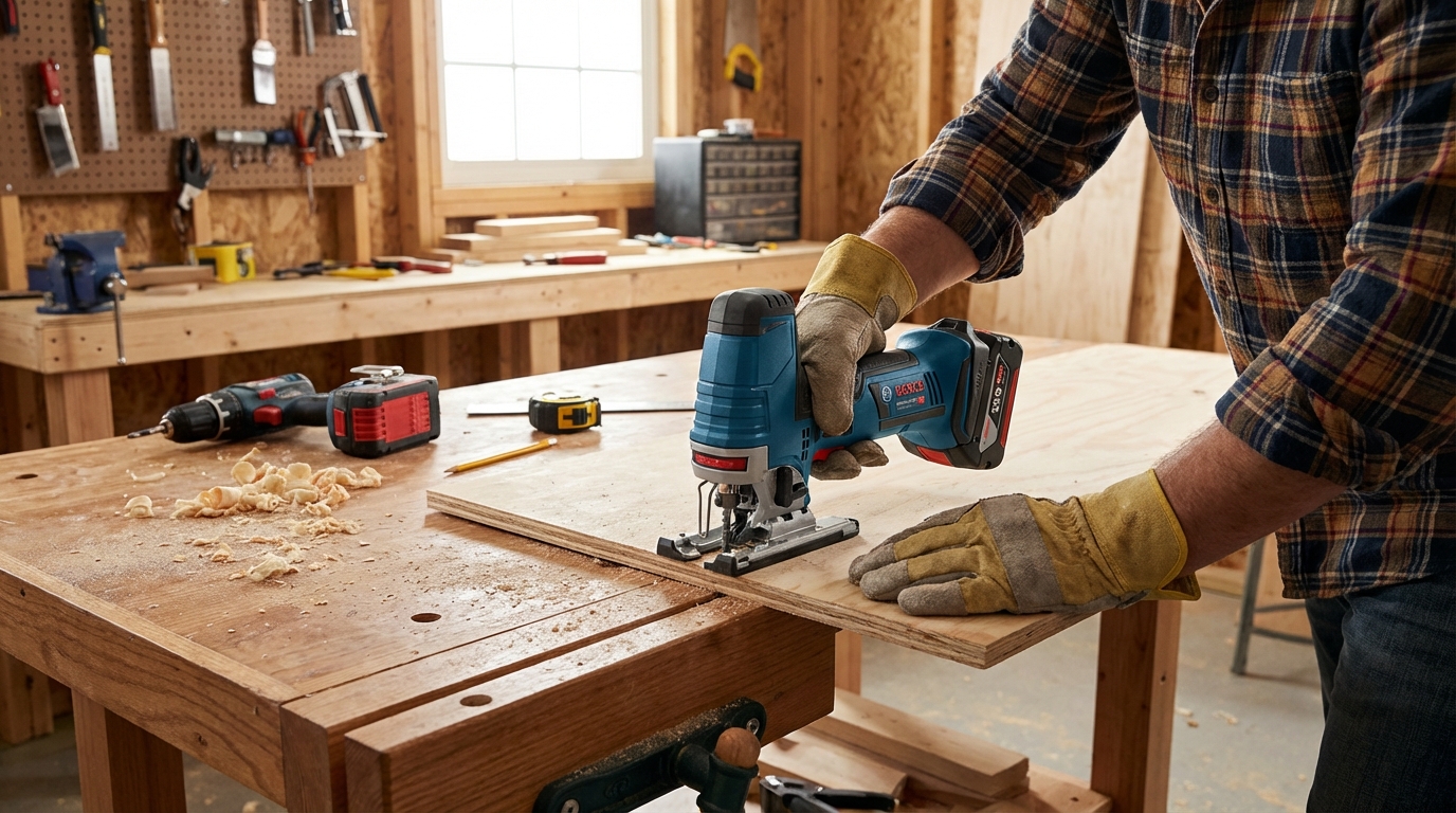 Jasne, dobrze oświetlone stanowisko pracy w domowym warsztacie lub garażu. Na drewnianym stole leży sklejka, a osoba w roboczych rękawicach precyzyjnie tnie ją za pomocą akumulatorowej piły uniwersalnej Bosch. Wokół widać inne narzędzia, jak wiertarko-wkrętarka i ołówek, co tworzy atmosferę kreatywnej pracy i pasji do majsterkowania.